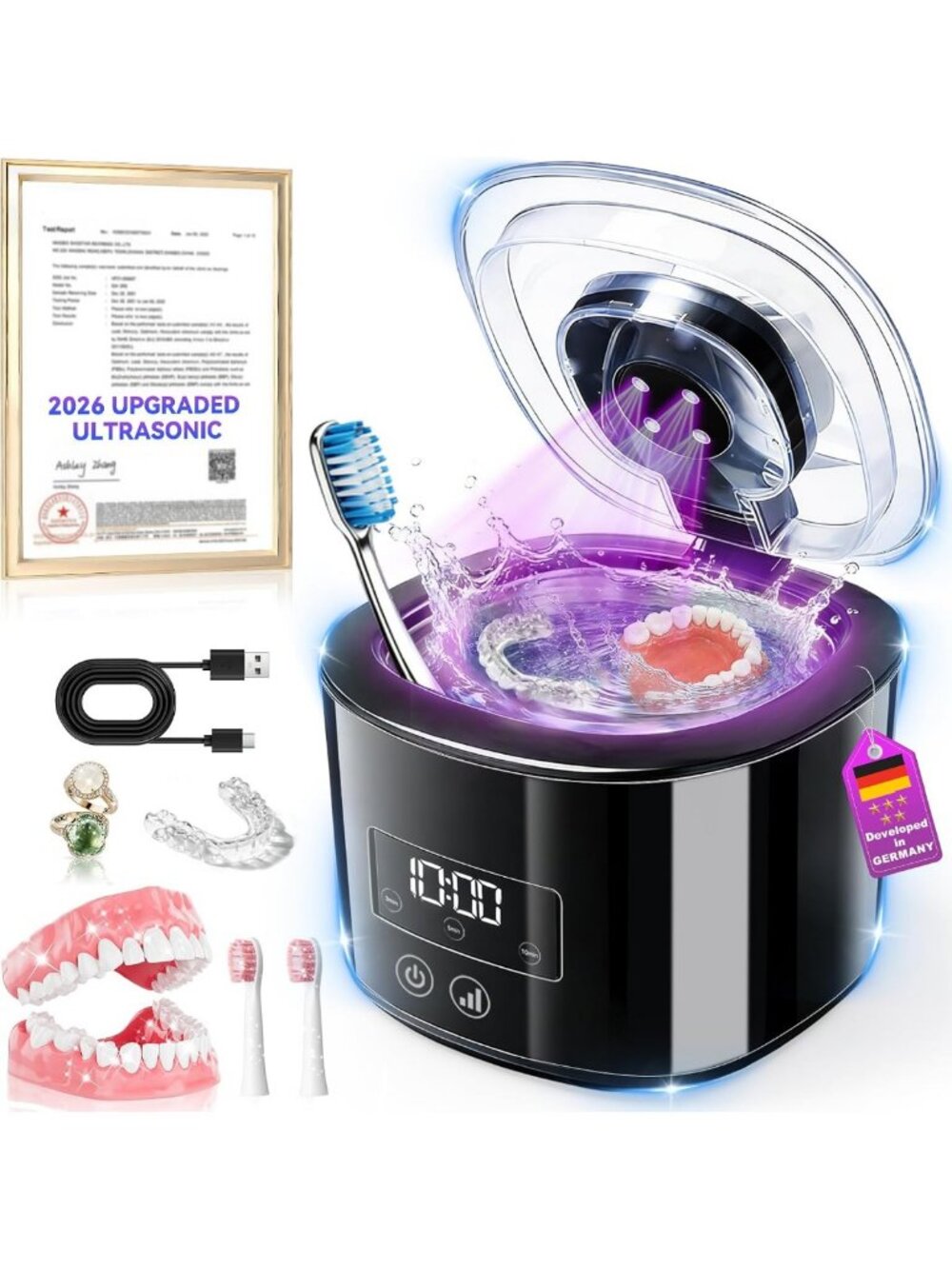Upgraded Ultrasonic Retainer & Denture Cleaner - 300ML with Timer for Deep Clean